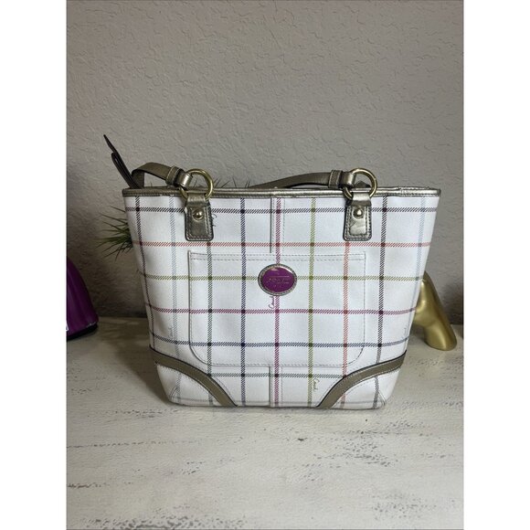Coach Heritage Tattersall Shoulder Bag Multi Plaid Leather Cream Women’s - Picture 1 of 15